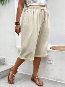 SHEIN LUNE Pantalones Capri de talla grande de unicolor, estilo de vacaciones, tejidos - Beis - Ver 4