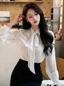 DAZY 波點鬆身長袖女襯衫帶領結 - 白色 - 查看 7