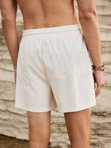 Forever 21 男款純色刺繡亞麻束口夏季短褲
