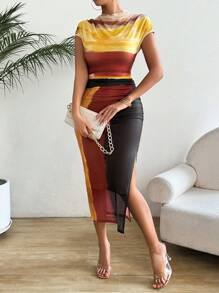 Chiquease Mesh See-Through Bodycon Dress With Off-Shoulder And Flounced Sleeves, Ruched And Side Slits - Multicolor - View 6