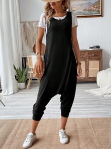 SHEIN أوفرول نسائي بلا أكمام واسع الساقين ولون سادة للصيف - الأسود - مشاهدة 5