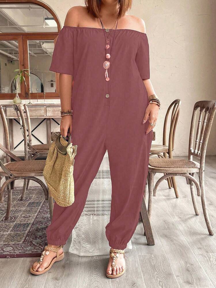 Plus Size Solid Color Off Shoulder Jumpsuit With Single-Row Buckle, Short Sleeve, Summer
