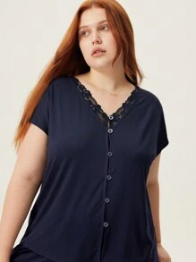 LUVLETTE Women Dark Blue Plus TENCEL™ Modal Lace Short Sleeve Shirt & Pants Women Pajama Set Lounge Set Lingerie