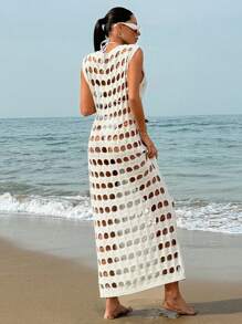 Vestido de punto de cuello redondo de un solo color con diseño calado, para el verano y las vacaciones en la playa