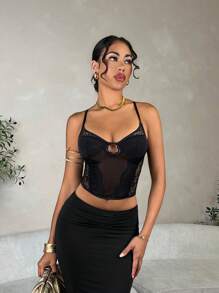 SHEIN BAE Lace Splicing Mesh See-Through Victoria Secret Corset Top,Rave Festival,Country Concert,Rave Festival - Black - View 6