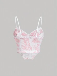 SHEIN MOD 女士复古宫廷蓝白花卉印花鱼骨条短款上衣和裙子婚礼两件套 - 粉色 - 查看 8