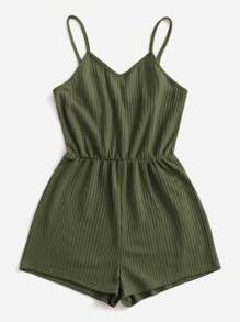SHEIN EZwear Summer Casual And Loose Solid Pink Waffle Knit Cami Short Romper - Army Green - View 4