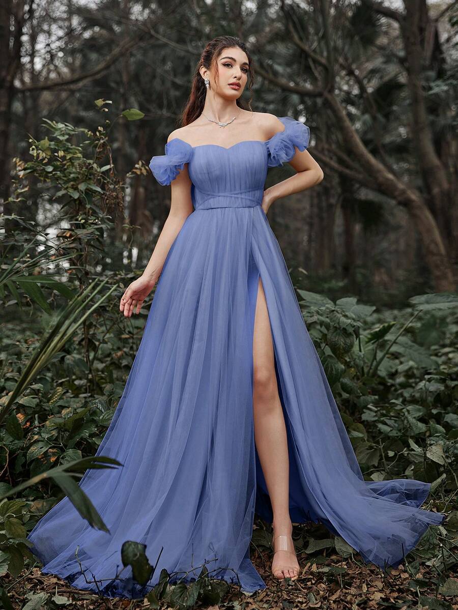 Ruched Bustier Mesh Overlay Tube Prom Dress Elegant Formal Evening Wedding Guest Gown, For Graduation, Dinner - Dusty Blue - View 1