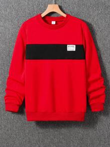 Suéter de cuello redondo con mangas largas para adolescente, con diseño de empalme marrón y negro - Rojo - Ver 1