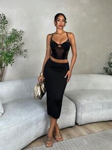 SHEIN BAE Lace Splicing Mesh See-Through Victoria Secret Corset Top,Rave Festival,Country Concert,Rave Festival - Black - View 7