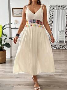 SHEIN Clasi Đầm dệt kim cổ chữ V Boho cỡ lớn không tay thêu và trang trí tua rua cho nữ, trang phục mùa hè - Màu be - Xem 4