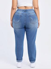 SHEIN SXY Plus Size Women's Ripped Jeans With Pockets And Rolled Hem, Casual - Medium Wash - View 2
