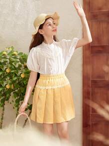 SHEIN Conjunto de camisa de manga corta elegante y sofisticado y falda a cuadros para niña preadolescente, perfecto para vacaciones de verano y estilo campestre