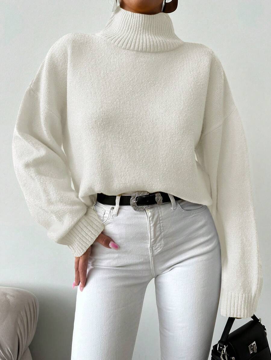 EURMUSE Women's Solid Colored Stand Collar Drop Shoulder Sweater