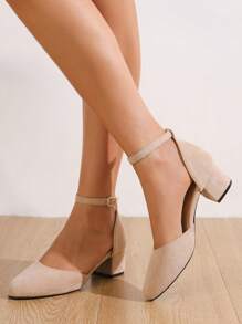 Fall/Winter 2025 Women's Simple Style Spring Summer New Faux Suede Cut-Out Thick Heels Pumps, Elegant - Apricot - View 3