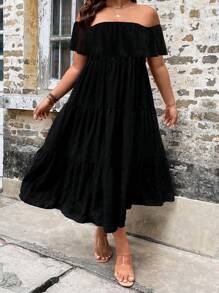 SHEIN LUNE Đầm trễ vai Ruffle Hem màu trơn dành cho nữ cỡ lớn - màu đen - Xem 1