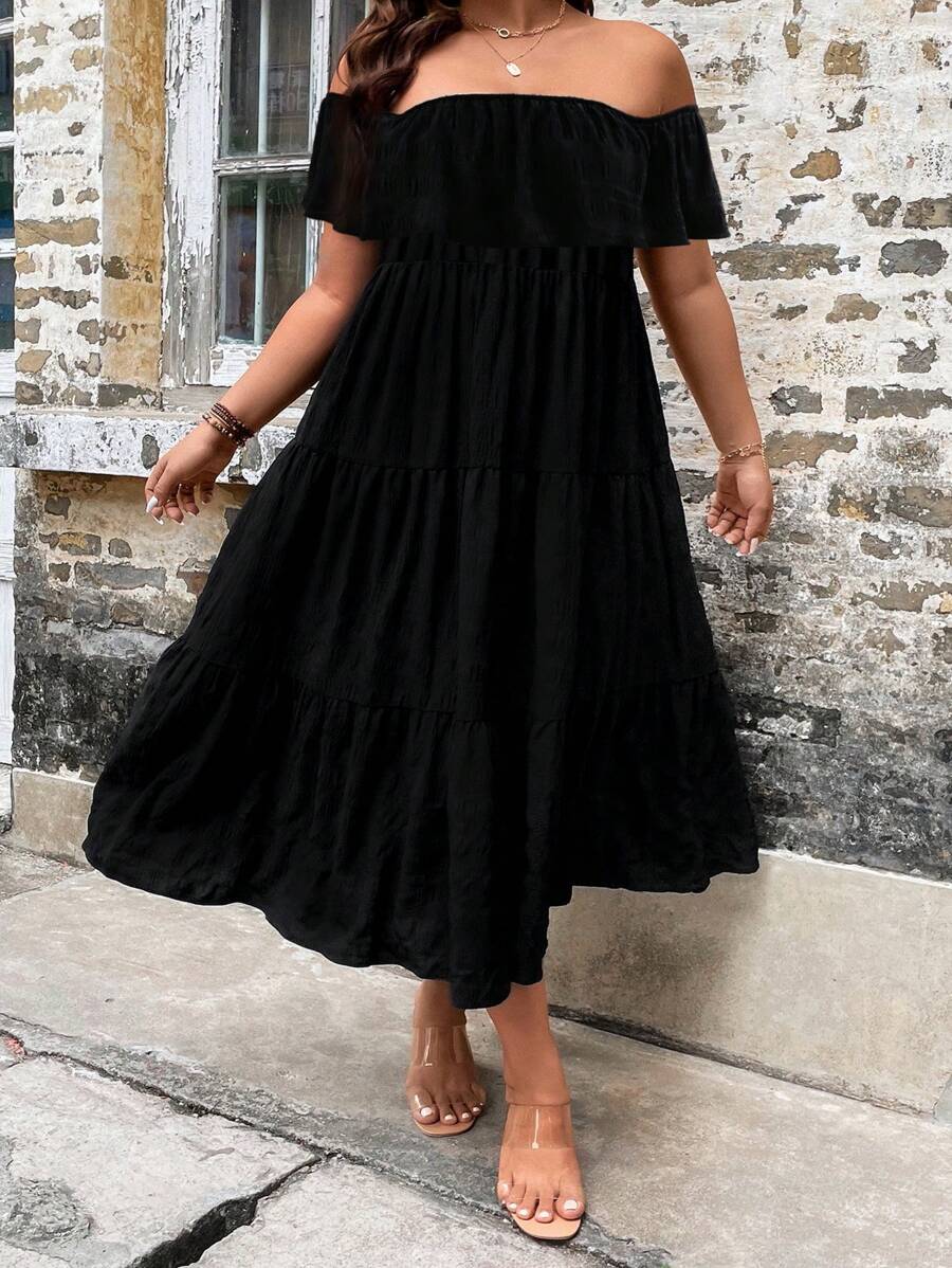 SHEIN LUNE Đầm trễ vai Ruffle Hem màu trơn dành cho nữ cỡ lớn - màu đen - Xem 1