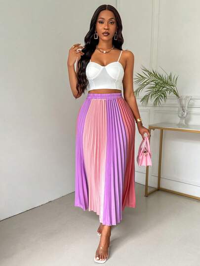 Zolique Women's Elastic Waist Colorblock Pleated Long Elegant Skirt Maxi Women Outfit