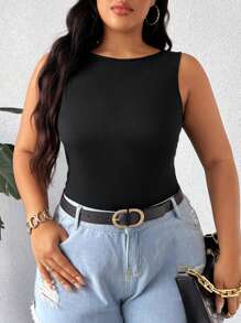 Elenzga Áo cổ tròn vừa vặn màu trơn mùa hè dành cho nữ cỡ lớn - màu đen - Xem 1