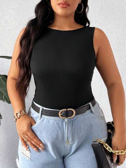 Elenzga Plus Size Women's Summer Solid Color Slim Fit Round Neck Top