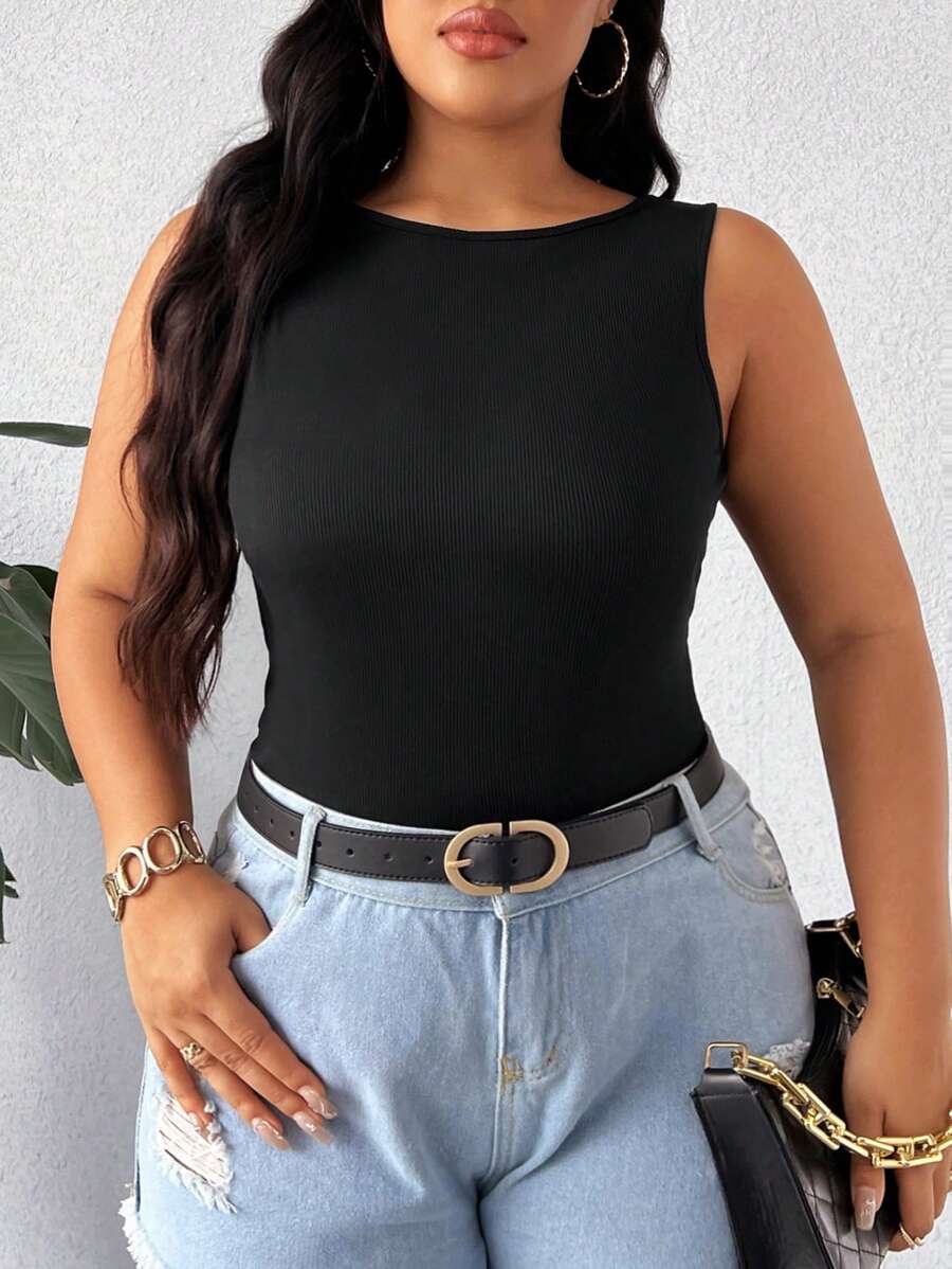 Elenzga Áo cổ tròn vừa vặn màu trơn mùa hè dành cho nữ cỡ lớn - màu đen - Xem 1