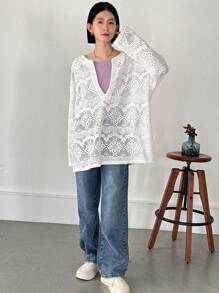 FRIFUL Women's Round Neck Solid Knitted Long Sleeve Top Sheer,Fall Women Clothes - White - View 2