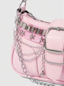 ROMWE Kawaii New Sweet And Cool Women Shoulder Bag, Punk Motorcycle Bag With Chain Pendant, Cute Shoulder Bag, School Valentines