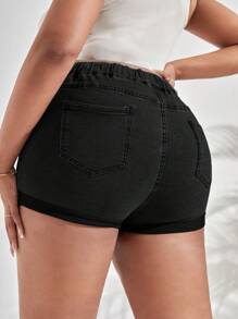 SHEIN SXY Pantalones cortos de mezclilla con cordón y bolsillos de talla grande, de unicolor, ajustados y elásticos - Negro - Ver 2
