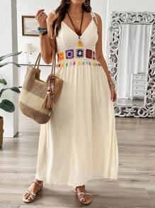SHEIN Clasi Đầm dệt kim cổ chữ V Boho cỡ lớn không tay thêu và trang trí tua rua cho nữ, trang phục mùa hè - Màu be - Xem 1