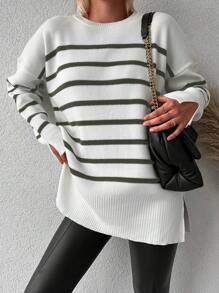 SHEIN Cottnline Women's Striped Loose Fit Drop Shoulder Sweater - Army Green - View 4