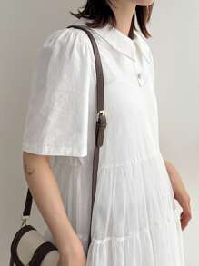 FRIFUL Mesh Women's Solid Color Simple Daily Dress,Ruffle - White - View 6