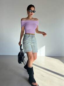 DAZY Camiseta de mujer de verano de hombros descubiertos y ajustada, tops cortos de mujer para salir - Morado - Ver 3