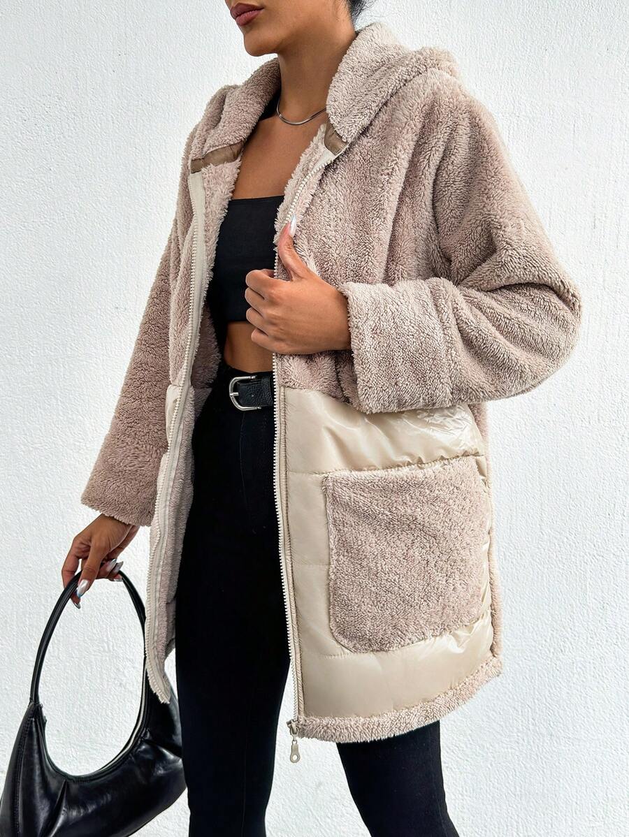 RueChic Women's Zipper Front Teddy Winter Coat With Hood - Beige - View 1