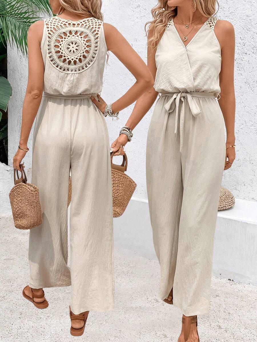 SHEIN Frenchy Bộ áo liền quần ngày lễ màu trơn dành cho nữ với chi tiết ren ở mặt sau - Màu be - Xem 1