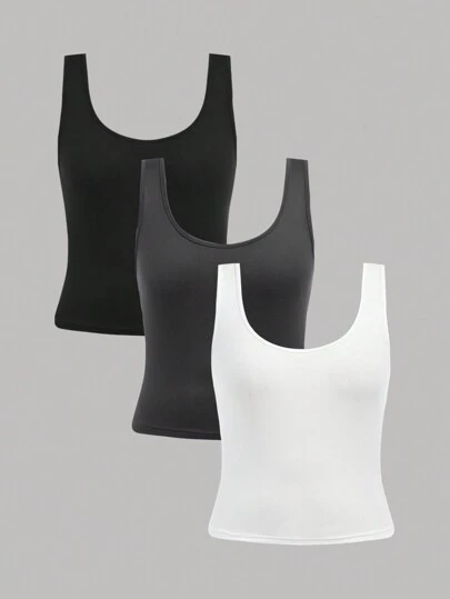 SHEIN Girlism 少女編織純色U領短款休閒緊身背心三件套