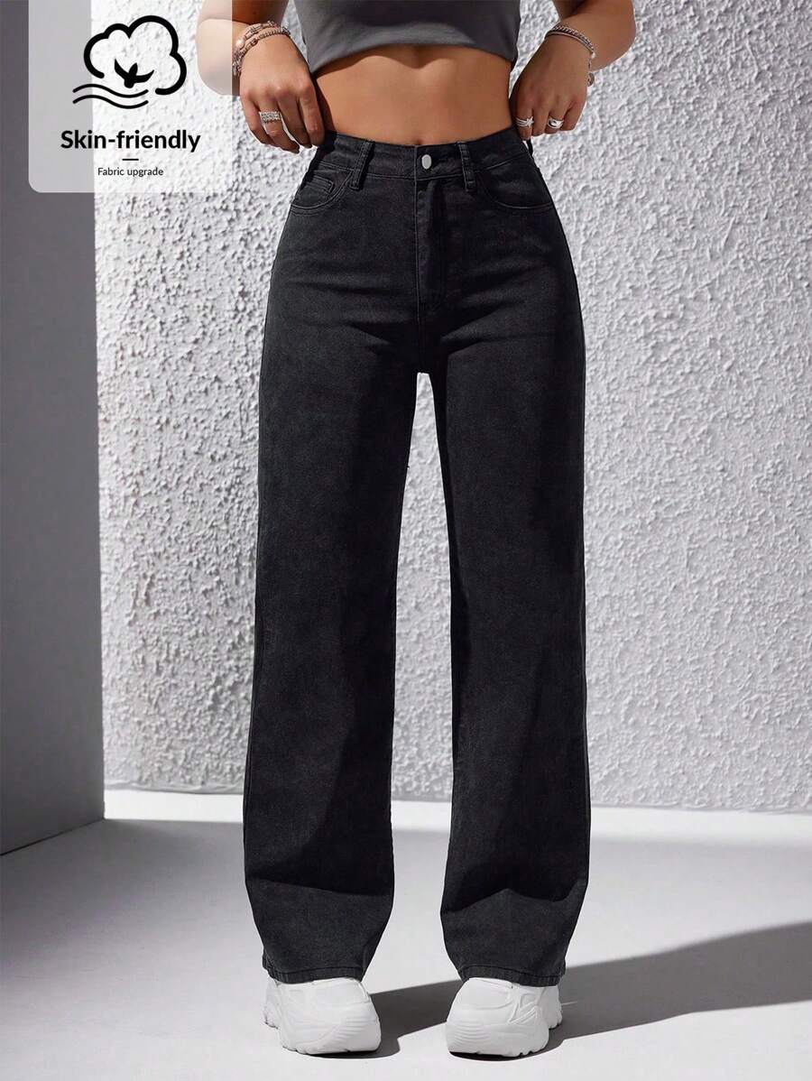 SHEIN EZwear Women's Casual Straight Leg Jeans With Slanted Pockets - Black - View 1