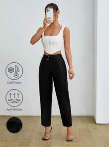 SHEIN PETITE Women High-Waisted Wrinkle-Resistant Black Straight Pants With Belt - Black - View 6