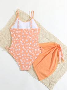 SHEIN Tween Girl Floral Printed Side Drawstring Side One-Piece Swimsuit With Cover-Up Skirt Bathing Suit For Summer Beach Holiday Kids Swimming ,Kids Beachwear - Orange - View 2