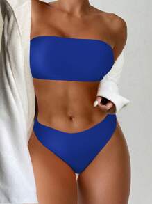 SHEIN Swim Women's Solid Color Bandeau Bikini Set, Sexy Halter Two Pieces Bikini Set For Vacation,Summer Beach - Blue - View 1