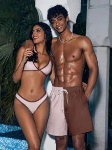 Manfinity VDAYZ 男士夏季度假渡假海灘短褲，拼色束口腰帶設計 - 彩色 - 查看 5