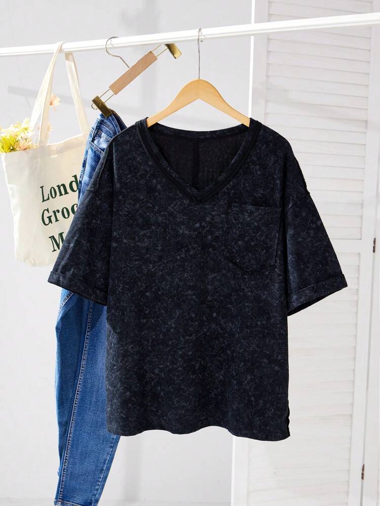 Plus Size Women Summer Tie-Dye V-Neck Snowflake Print Loose Casual T-Shirt With Batwing Sleeve