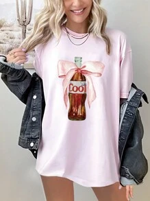 INAWLY Damen Sommer Schmetterling & Getränk bedrucktes Oversized T-Shirt mit Rundausschnitt und Fledermausärmeln, lässige Grafik-Shirt Damen Oberteile, Unisex