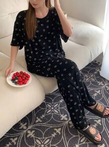 DAZY Allover Print Cute Pajama Set With  Face Prints - Khaki - View 6