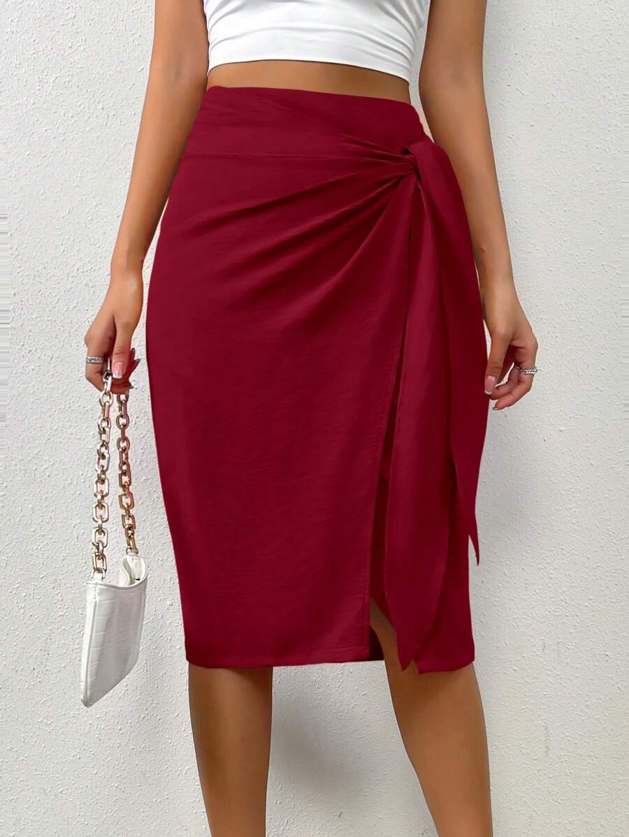 Chiquease Falda para mujer de longitud a la rodilla, ajustada y con detalles de lazo y envoltura en un solo color - Burdeos - Ver 1