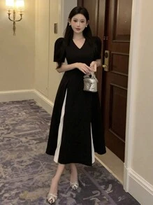 DAZY Đầm ngắn tay xếp ly đơn giản cổ chữ V màu trơn dành cho nữ, thích hợp dự tiệc mùa hè, sinh nhật, dạ hội, tiệc prom, đầm maxi thanh lịch, đầm cưới. - màu đen - Xem 4