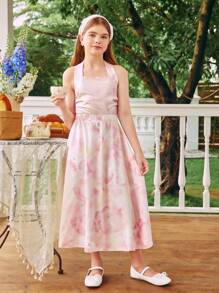 Tween Girls Allover Print Halter Top And Skirt Set For Summer