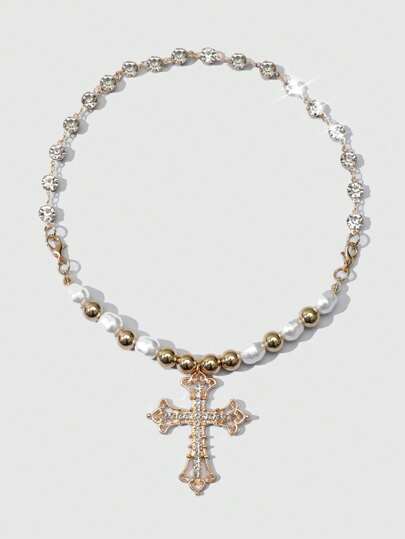 Goth Ins Vintage Cross Pendant With Faux Pearl And Rhinestone Inlaid, Punk Multi-Layer Necklace For Women, Fashion Jewelry Accessory Pendant Necklace