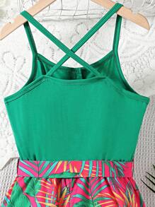 少女夏季熱帶植物印花鬆緊背心連體褲 - 彩色 - 查看 3