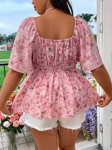 SHEIN SunnyBelle 大码浪漫休闲短袖亨利衫荷叶边上衣 - 粉色 - 查看 3