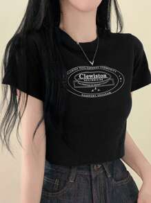 DAZY 女式夏季口号印花圆领短袖休闲T恤、女式短款上衣、图案T恤